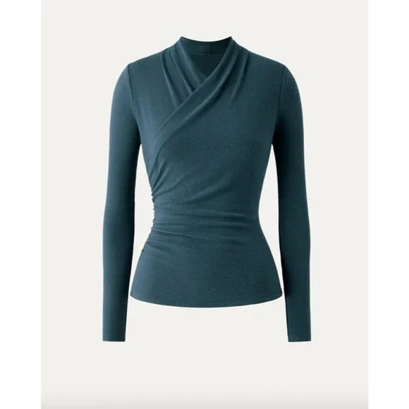 OGL Top Size M NEW Forest Night Blue Surplice Long Sleeve Top V Neck Stretch - Picture 2 of 12